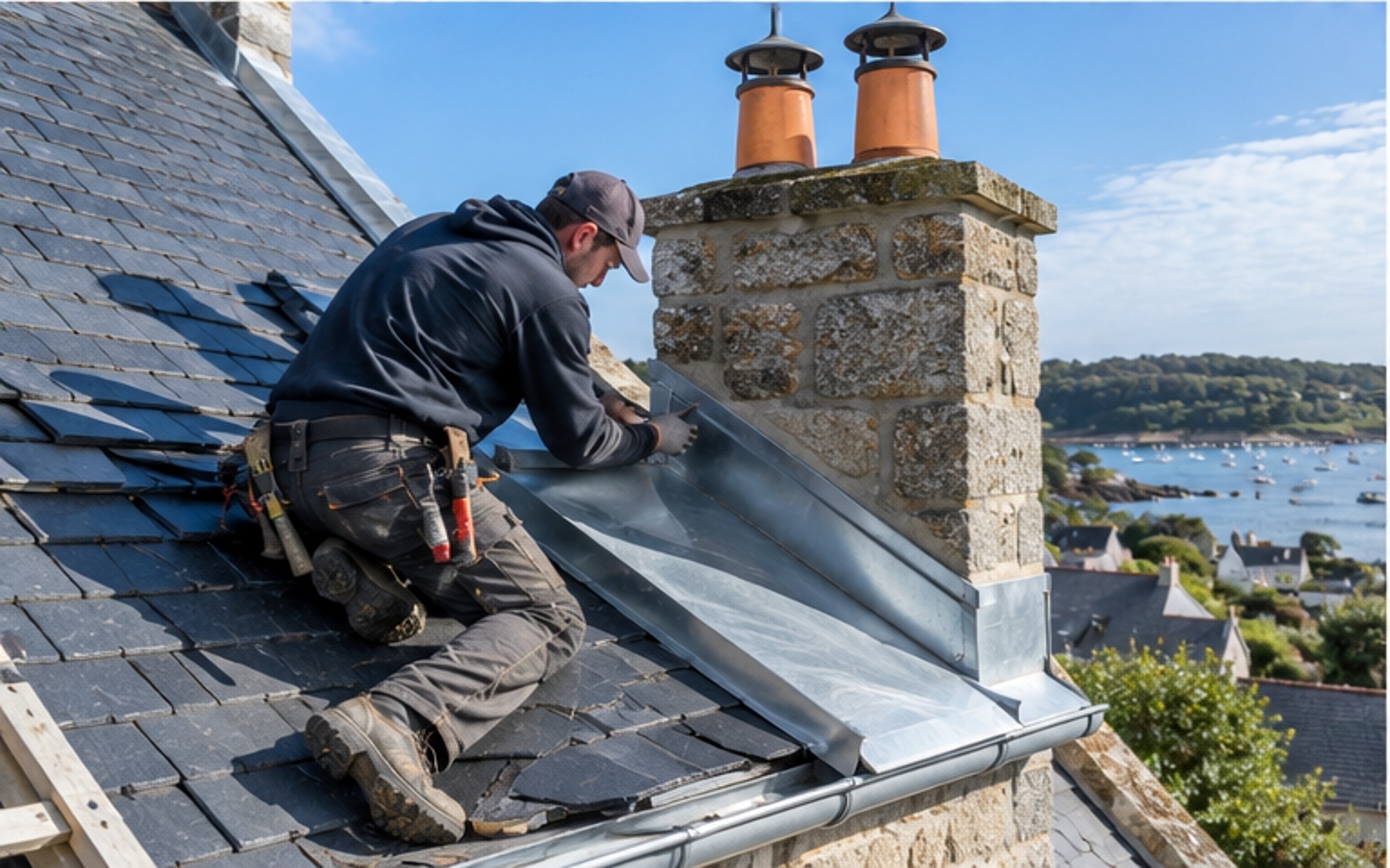 Chantier de couverture sur maison bretonne en pierre à Crozon
